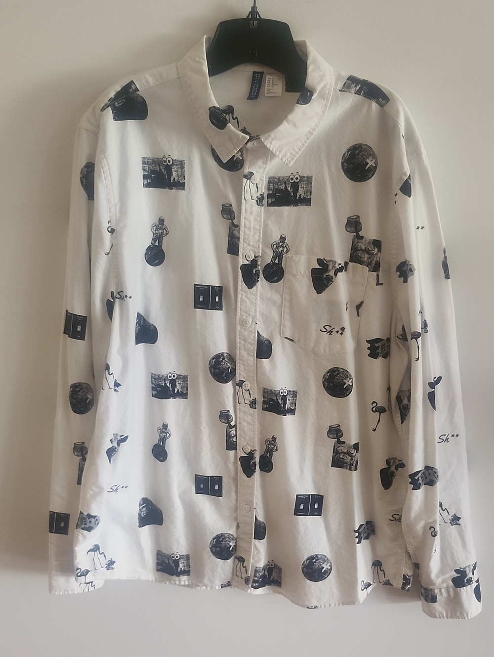 Divided White Button-Up Shirt with Black Graphic Motifs